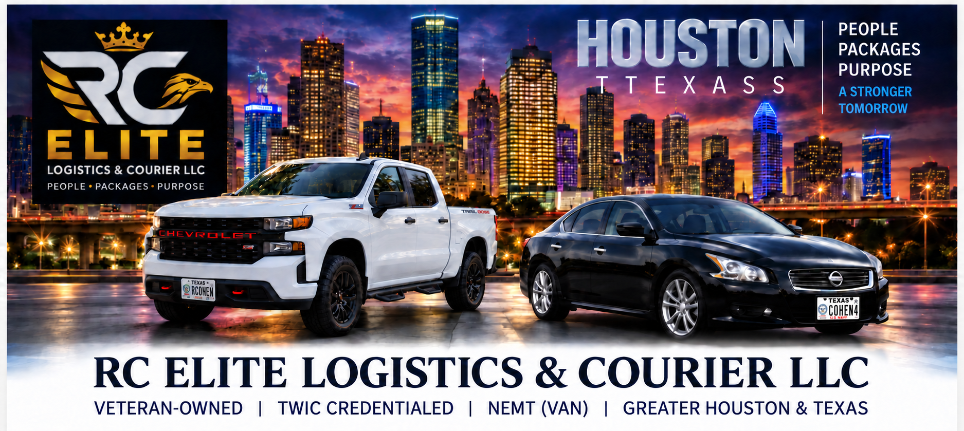 RC Elite Logistics and Courier LLC Houston header featuring Rob's Silverado with RCOHEN Navy plate and Maxima with COHEN4 U.S. Navy plate