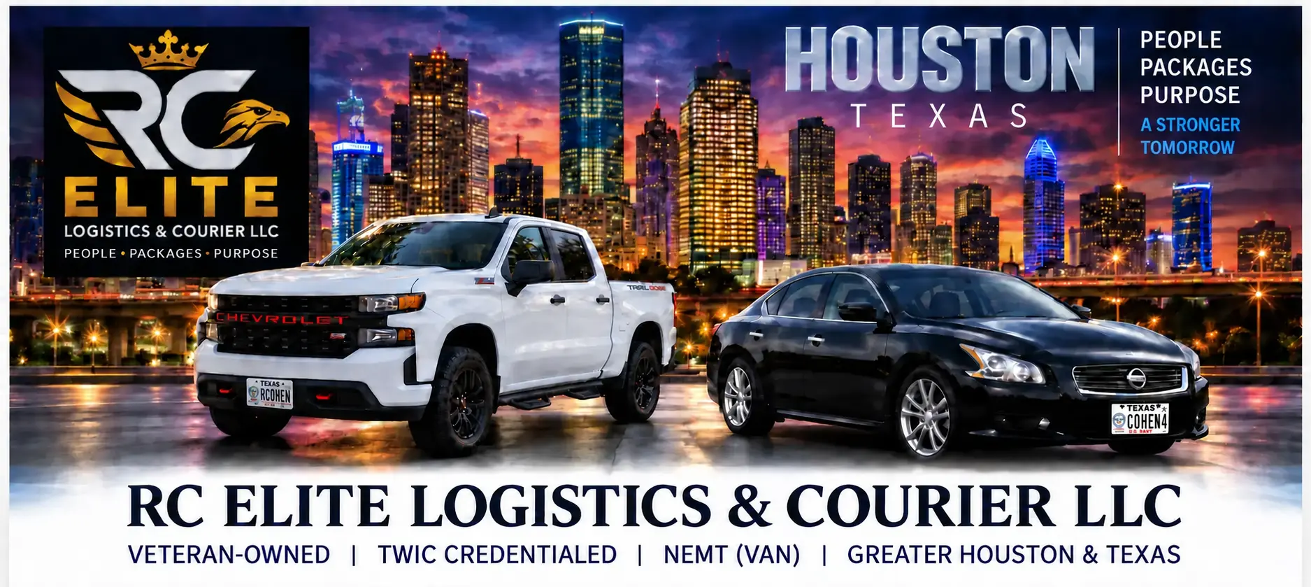 RC Elite Logistics and Courier LLC Houston header featuring Rob's Silverado with RCOHEN Navy plate and Maxima with COHEN4 U.S. Navy plate