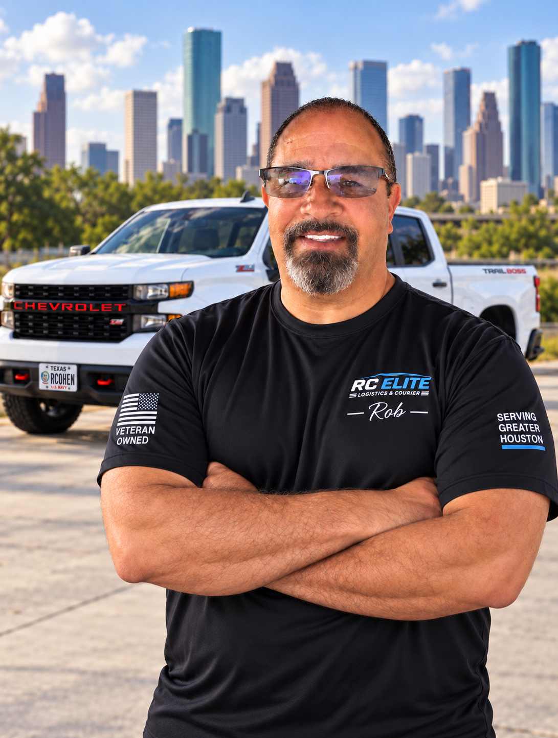 Rob Cohen, owner of RC Elite Logistics and Courier, standing with his white Chevrolet Silverado